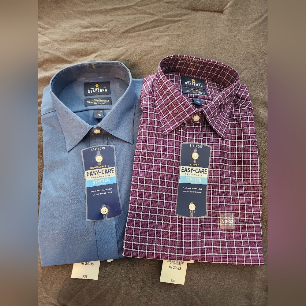 Stafford Blue Solid & Purple Plaid Dress Shirts 2 Shirts!